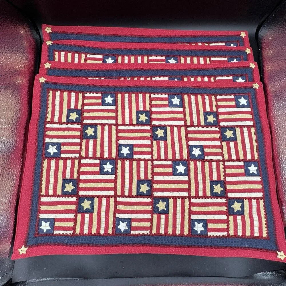 Patriotic Flag Stars Tapestry Placemat Stitched Patch Buttons ~ Set of 4 Holiday